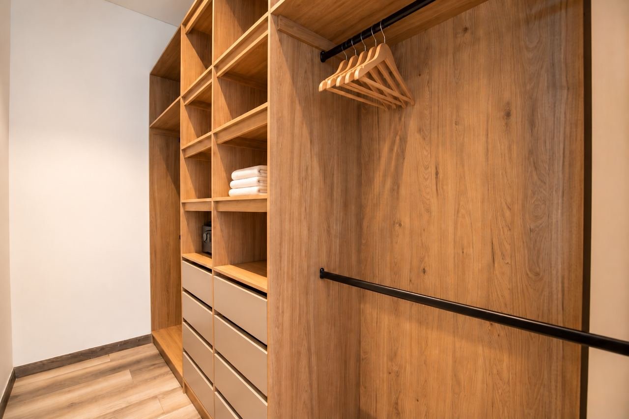 Clóset en madera con entrepaños, cajones y barra metálica