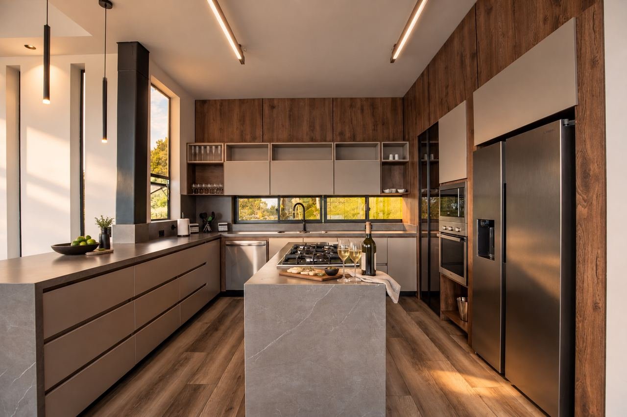 Open kitchen with a stone island and custom cabinets