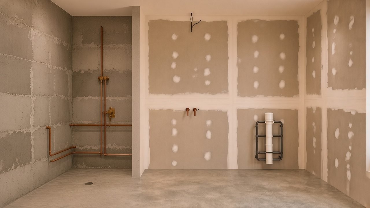 Finished bathroom with travertine and glass shower, floating vanity with lit mirror, wood slat wall, wall-hung toilet and plants