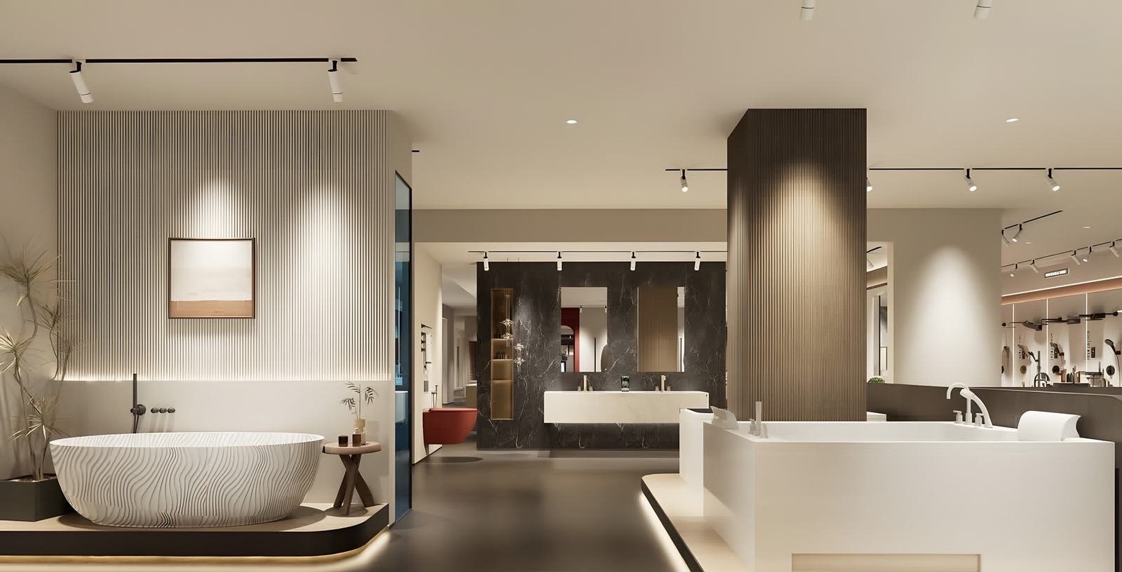 Bañeras exentas y lavamanos en una zona de baño