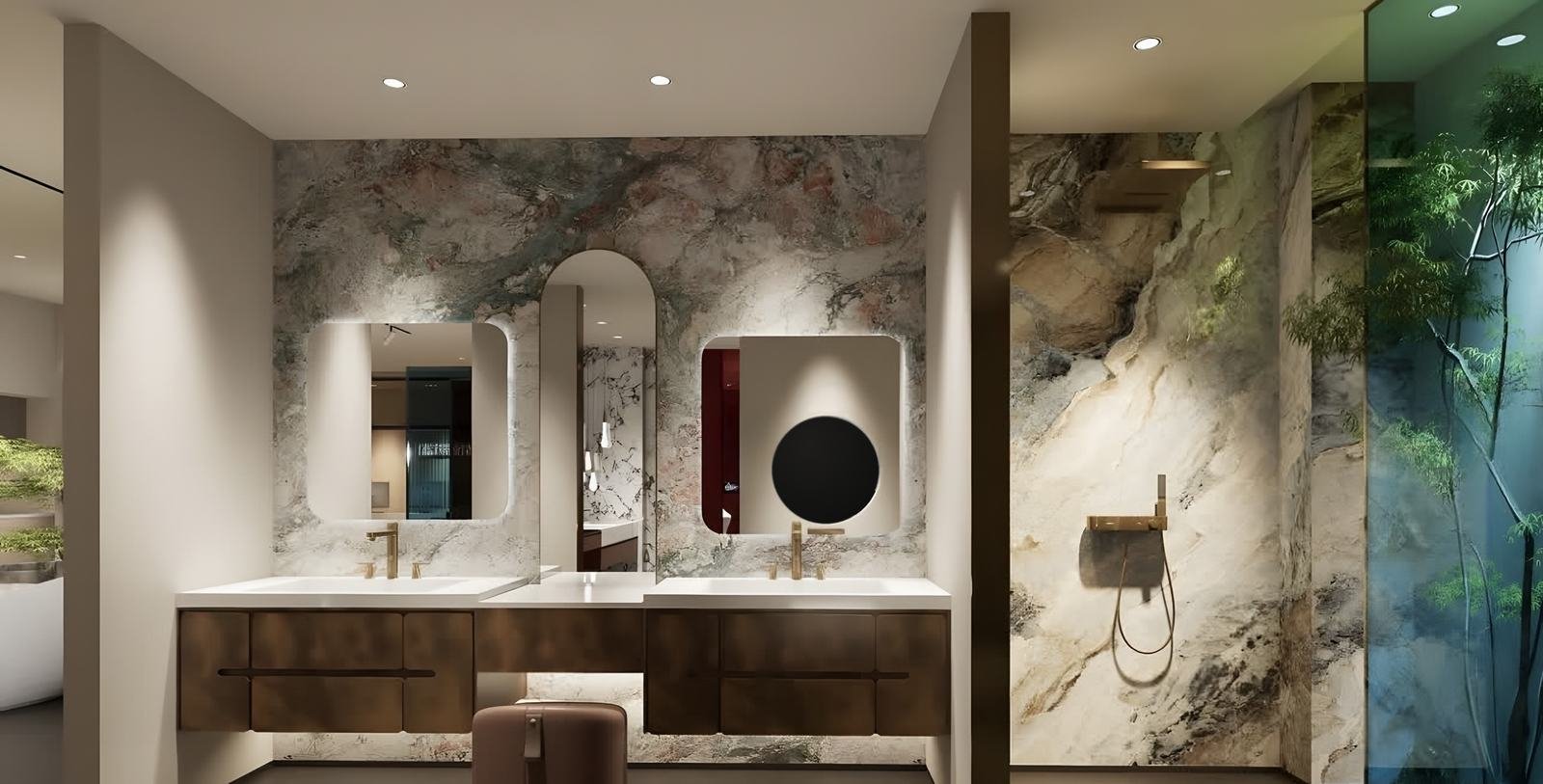 Baño con muro de piedra, doble lavamanos, espejos iluminados y ducha