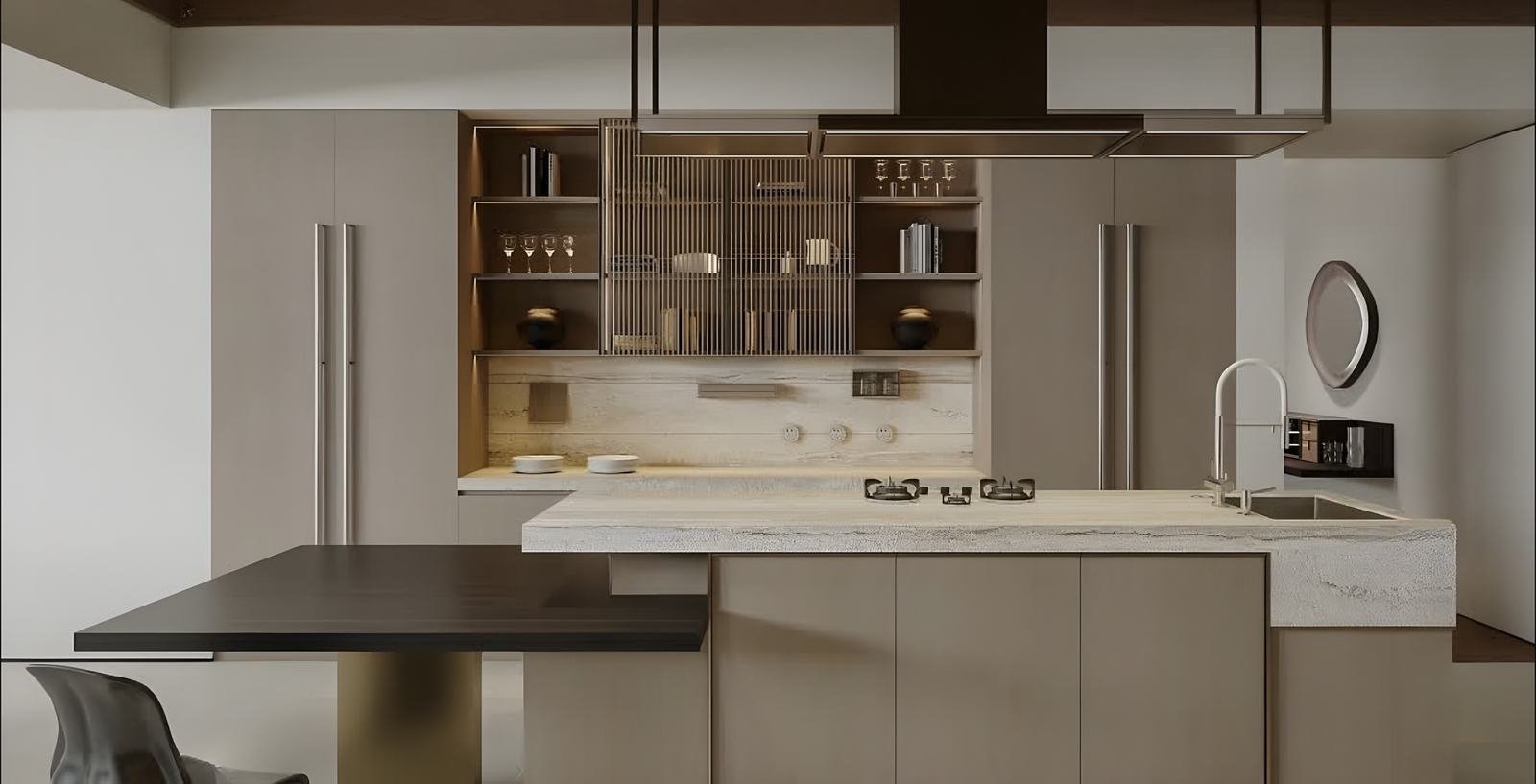 Cocina con isla, mesón claro y muebles altos