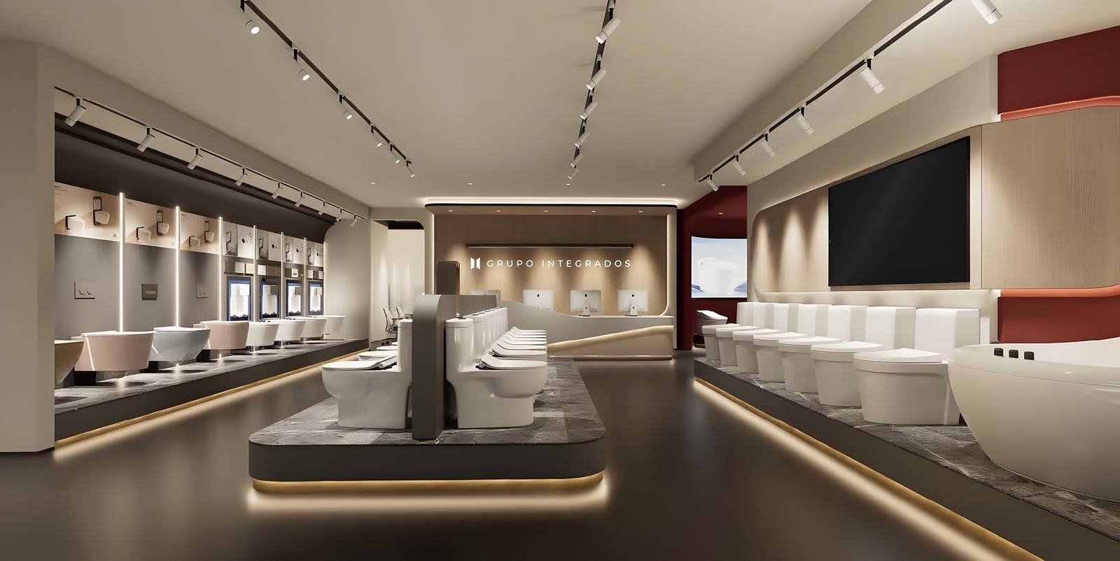 Exhibición de sanitarios blancos sobre plataformas iluminadas