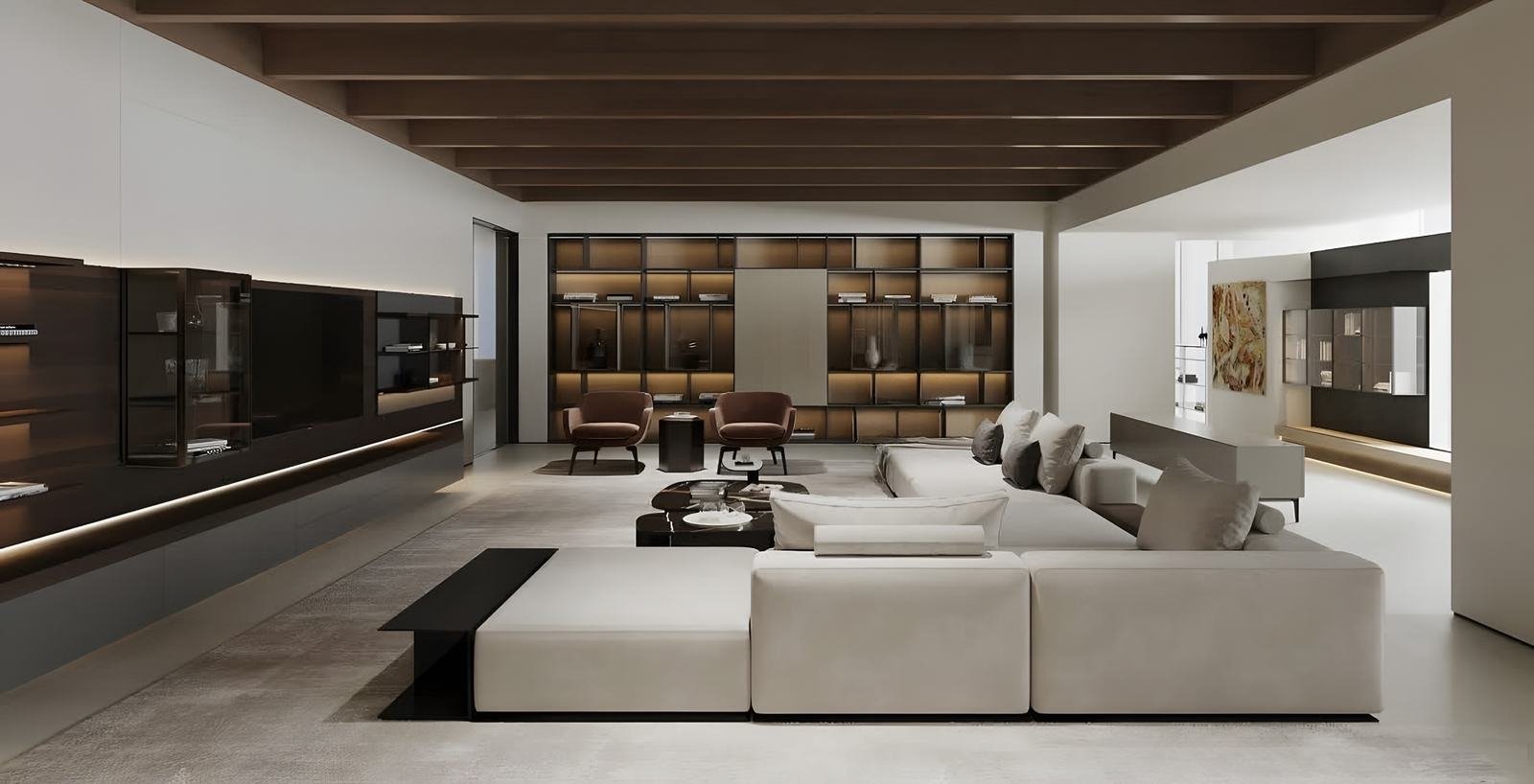 Sala amplia con piso de porcelanato claro