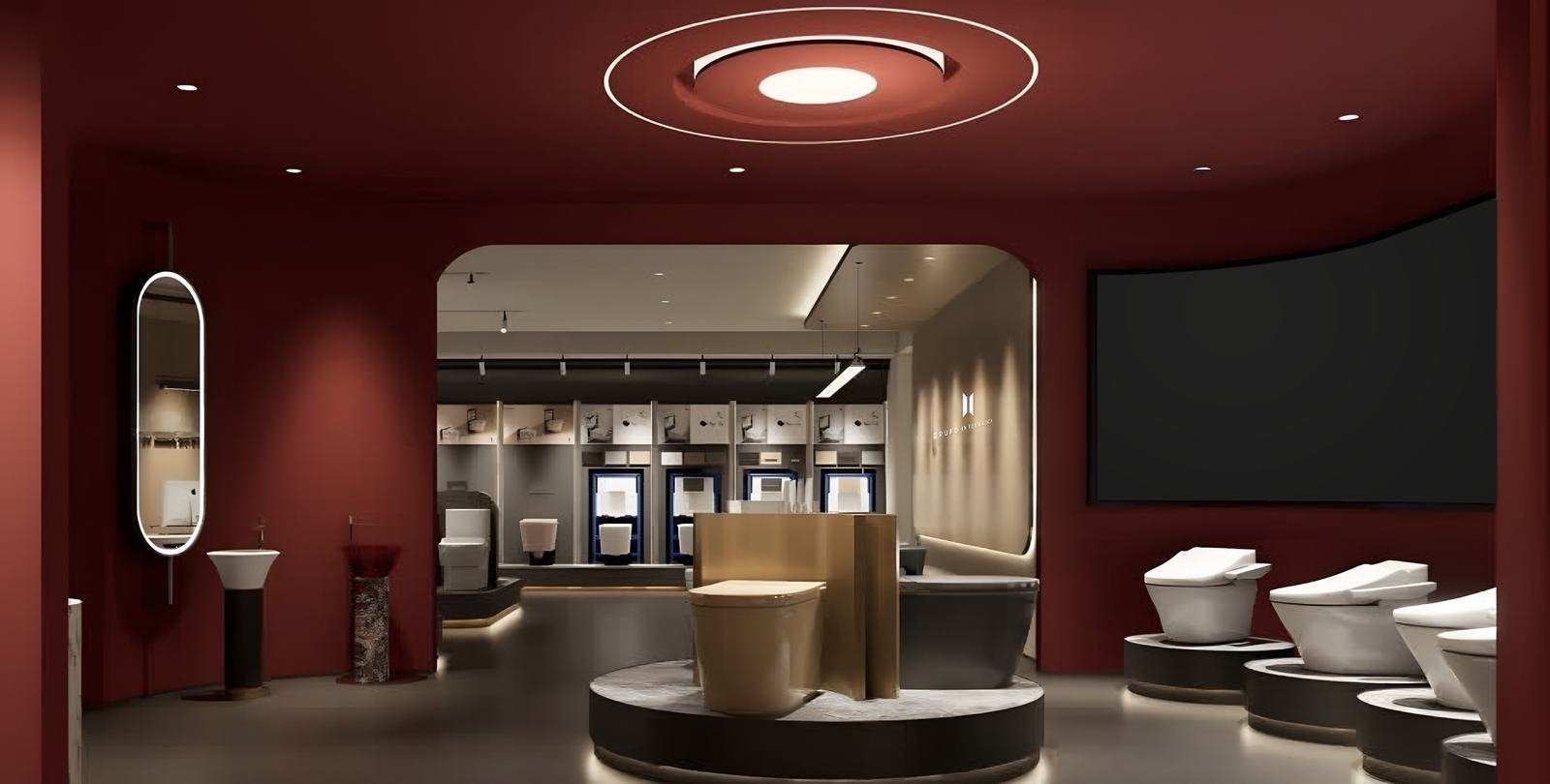 Red room with a backlit oval mirror, pedestal washbasins and smart toilets