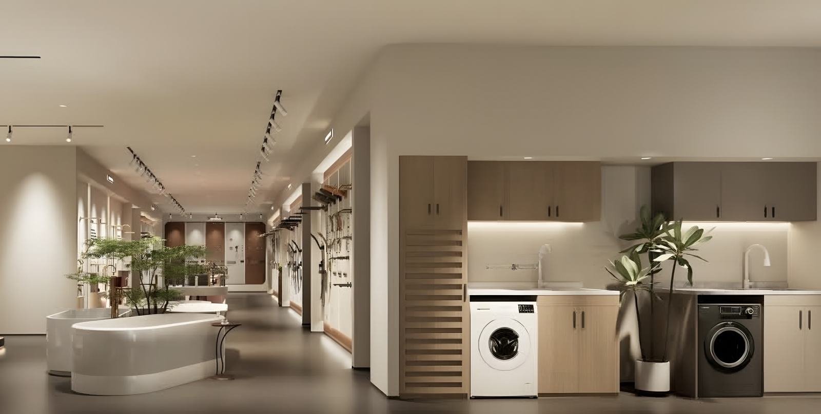 Zona de ropas con muebles de madera y mesones
