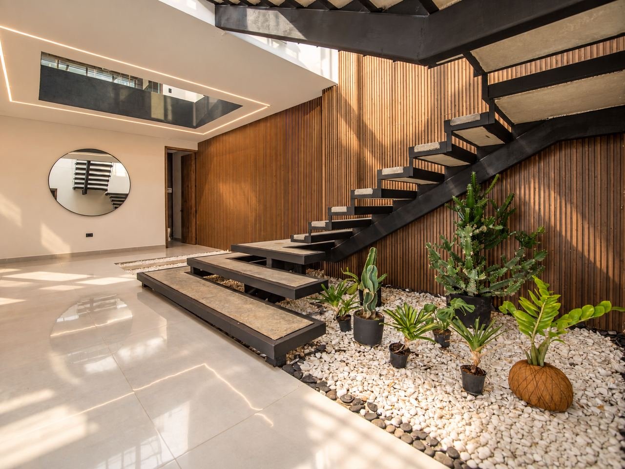 Escalera en voladizo con jardín interior y muro en madera