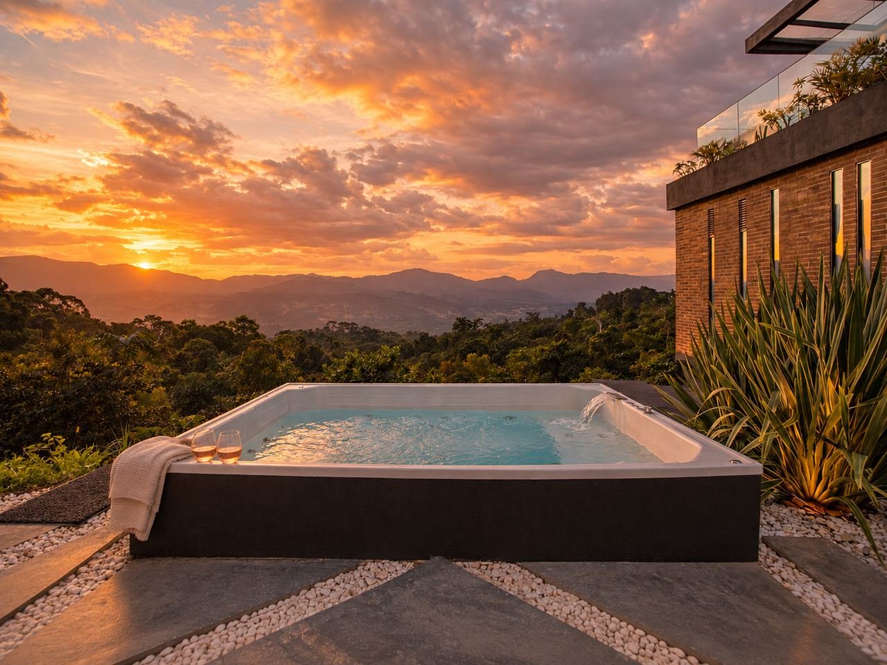 Outdoor jacuzzi with mountain views at sunset