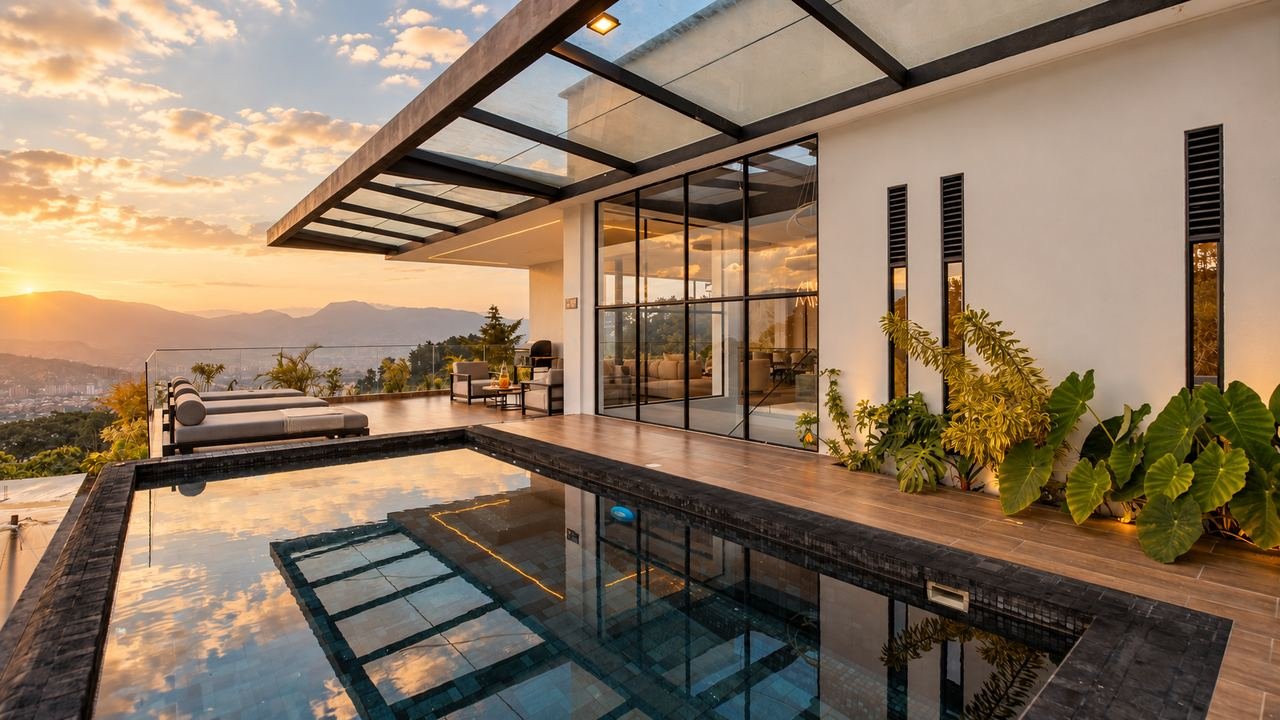 Villa con piscina y pérgola en vidrio al atardecer, con vista a las montañas