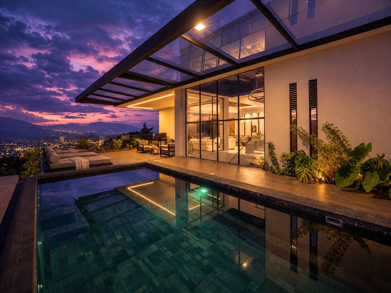 Piscina y terraza de la villa al anochecer