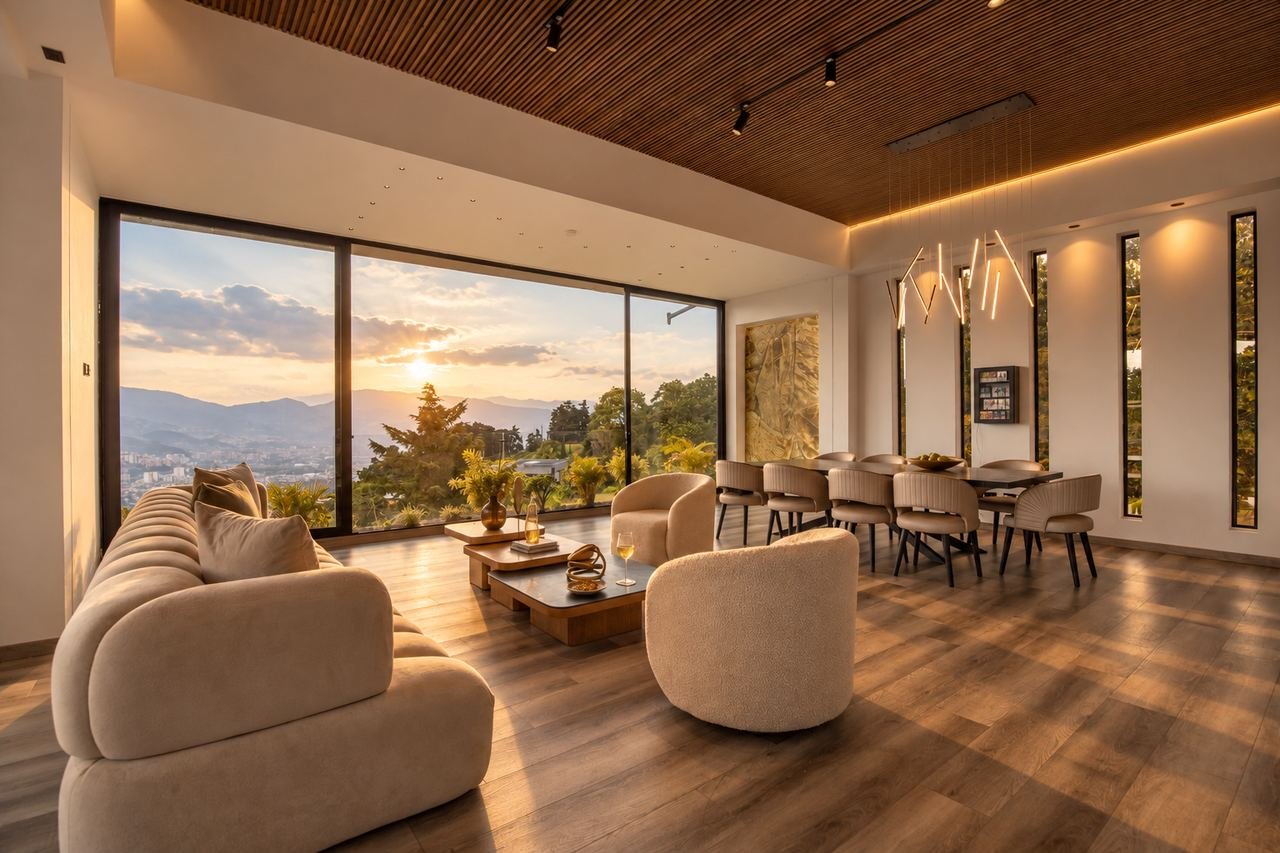 Living and dining area with large windows and a wood ceiling