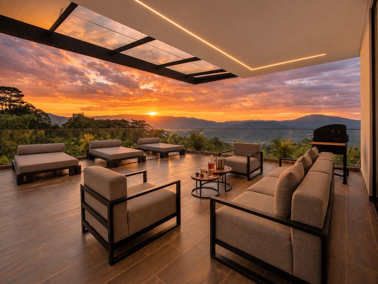 Terraza con muebles de exterior bajo cubierta y vista al atardecer